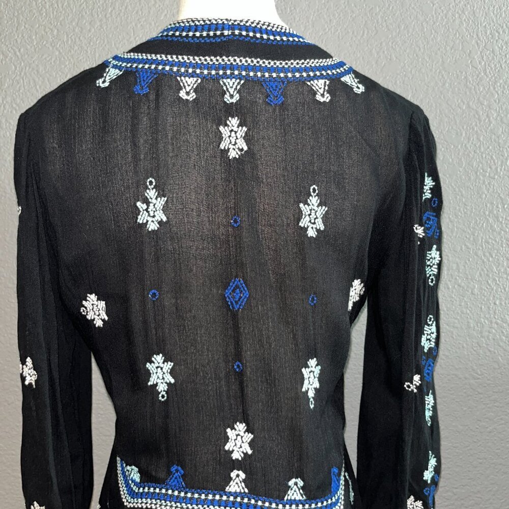 FP FREE PEOPLE STAR GAZER BLACK & BLUE LONG SLEEVE EMBROIDERED DRESS - EUC -  XS - Picture 8 of 14